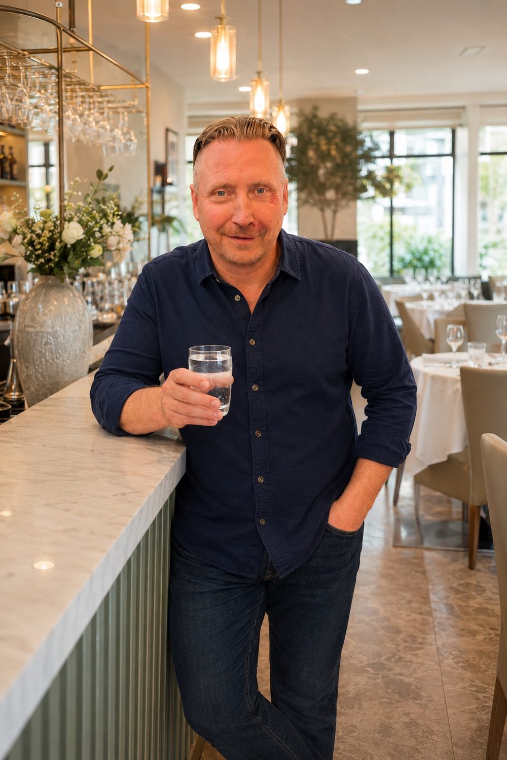 André Eberwein mit einem Glas Wasser